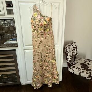 Beige One Shoulder Floral Embroidered Gown from Mac Duggal